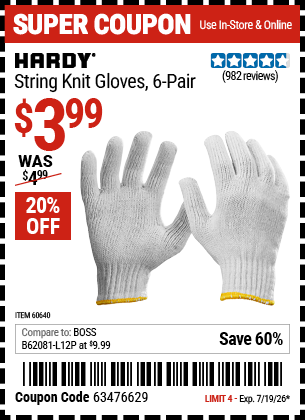 www.hfqpdb.com - HARDY STRING KNIT GLOVES, 6-PAIR Lot No. 60640