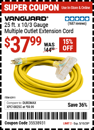 www.hfqpdb.com - VANGUARD 25 FT. X 10/3 GAUGE MULTIPLE OUTLET EXTENSION CORD, YELLOW Lot No. 62911