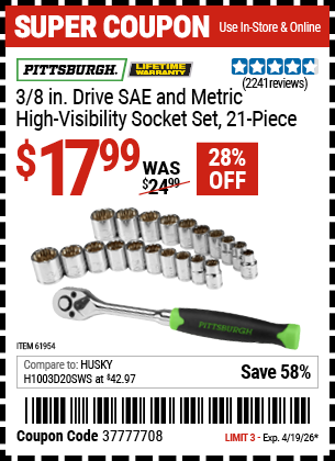 Harbor Freight PITTSBURGH 3/8 IN. DRIVE SAE AND METRIC HIGH-VISIBILITY SOCKET SET, 21-PIECE coupon