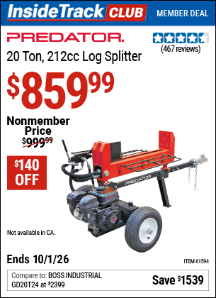 www.hfqpdb.com - PREDATOR 20 TON, 212CC LOG SPLITTER Lot No. 61594
