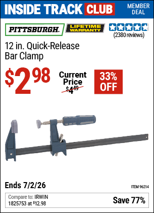 www.hfqpdb.com - PITTSBURGH 12 IN. QUICK-RELEASE BAR CLAMP Lot No. 96214