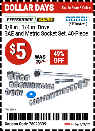 www.hfqpdb.com - PITTSBURGH 3/8 IN., 1/4 IN. DRIVE SAE AND METRIC SOCKET SET, 40-PIECE Lot No. 62843/63015