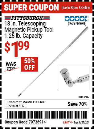 www.hfqpdb.com - PITTSBURGH 18 IN. TELESCOPING MAGNETIC PICKUP TOOL, 1.25 LB. CAPACITY Lot No. 37187