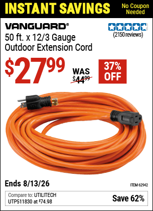 www.hfqpdb.com - VANGUARD 50 FT. X 12/3 GAUGE OUTDOOR EXTENSION CORD, ORANGE Lot No. 62942