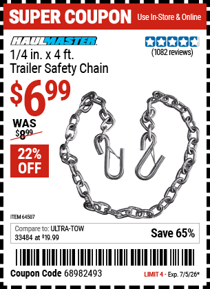 www.hfqpdb.com - HAUL-MASTER 1/4 IN. X 4 FT. TRAILER SAFETY CHAIN Lot No. 64507