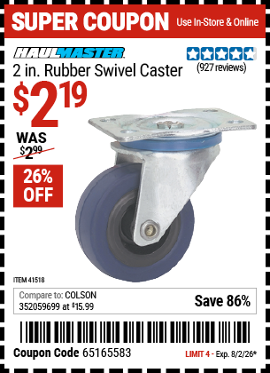 www.hfqpdb.com - HAUL-MASTER 2 IN. RUBBER SWIVEL CASTER Lot No. 41518