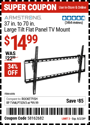 www.hfqpdb.com - ARMSTRONG 37 IN. TO 70 IN. LARGE TILT FLAT PANEL TV MOUNT Lot No. 64356