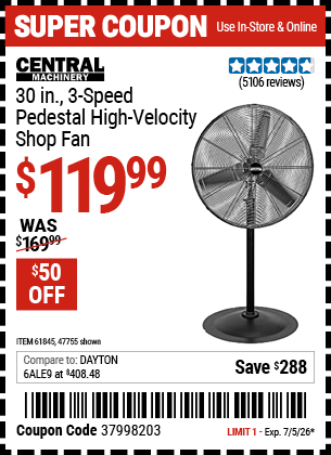 www.hfqpdb.com - CENTRAL MACHINERY 30 IN., 3-SPEED PEDESTAL HIGH-VELOCITY SHOP FAN Lot No. 47755/61845