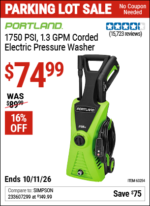 Harbor Freight PORTLAND 1750 PSI, 1.3 GPM CORDED ELECTRIC PRESSURE WASHER coupon