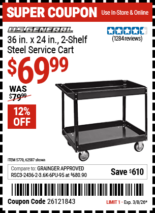 Harbor Freight U.S. GENERAL 36 IN. X 24 IN. 2-SHELF STEEL SERVICE CART, BLACK coupon