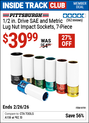 Harbor Freight PITTSBURGH 1/2 IN. DRIVE SAE AND METRIC LUG NUT IMPACT SOCKETS, 7-PIECE coupon