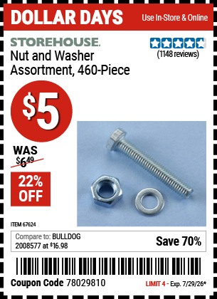 www.hfqpdb.com - STOREHOUSE NUT AND WASHER ASSORTMENT, 460-PIECE Lot No. 67624