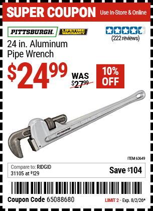 www.hfqpdb.com - PITTSBURGH 24 IN. ALUMINUM PIPE WRENCH Lot No. 63649