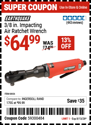 www.hfqpdb.com - EARTHQUAKE 3/8 IN. IMPACTING AIR RATCHET WRENCH Lot No. 68426