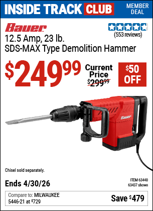 Harbor Freight BAUER 12.5 AMP, 23 LB. SDS-MAX TYPE DEMOLITION HAMMER coupon