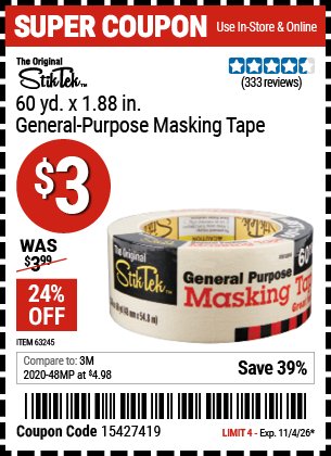 www.hfqpdb.com - STIKTEK 60 YD. X 1.88 IN. GENERAL-PURPOSE MASKING TAPE Lot No. 63245
