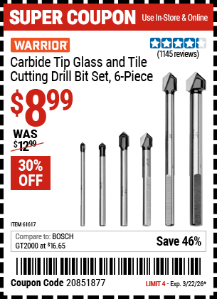 www.hfqpdb.com - WARRIOR CARBIDE TIP GLASS AND TILE CUTTING DRILL BIT SET, 6-PIECE Lot No. 61617