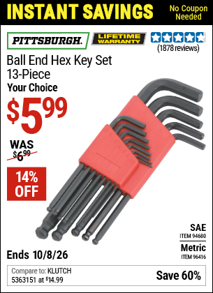 www.hfqpdb.com - PITTSBURGH BALL END HEX KEY SET, 13-PIECE Lot No. 94680/96416