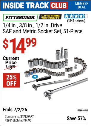 www.hfqpdb.com - PITTSBURGH 1/4 IN., 3/8 IN., 1/2 IN. DRIVE SAE AND METRIC SOCKET SET, 51-PIECE Lot No. 63013
