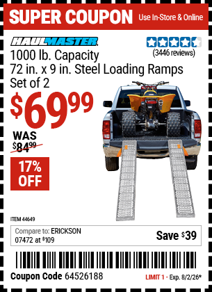 www.hfqpdb.com - HAUL-MASTER 1000 LB. CAPACITY, 72 IN. X 9 IN. STEEL LOADING RAMPS, SET OF 2 Lot No. 44649