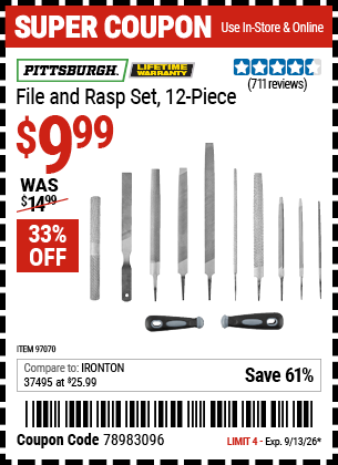 www.hfqpdb.com - PITTSBURGH FILE AND RASP SET, 12-PIECE Lot No. 97070