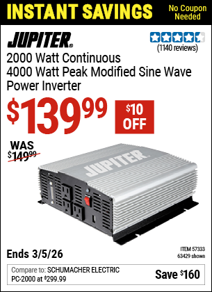 Harbor Freight JUPITER 2000 WATT CONTINUOUS/4000 WATT PEAK MODIFIED SINE WAVE POWER INVERTER coupon
