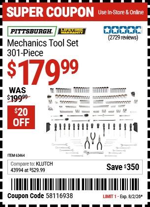 www.hfqpdb.com - PITTSBURGH MECHANICS TOOL SET, 301-PIECE Lot No. 63464