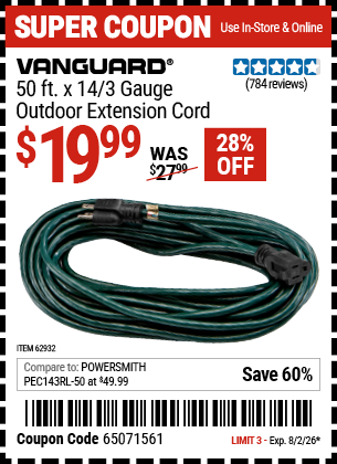 www.hfqpdb.com - VANGUARD 50 FT. X 14/3 GAUGE OUTDOOR EXTENSION CORD, GREEN Lot No. 62932