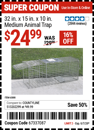Harbor Freight 32 IN. X 15 IN. X 10 IN. MEDIUM ANIMAL TRAP coupon