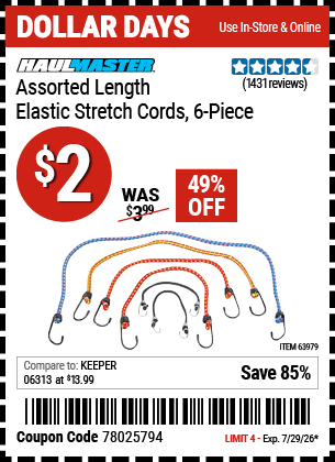 www.hfqpdb.com - HAUL-MASTER ASSORTED LENGTH ELASTIC STRETCH CORDS, 6-PIECE Lot No. 63979