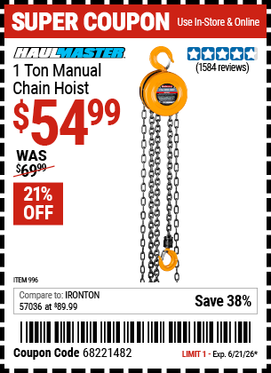 www.hfqpdb.com - HAUL-MASTER 1 TON MANUAL CHAIN HOIST Lot No. 996