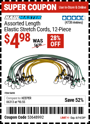 Harbor Freight HAUL-MASTER ASSORTED LENGTH ELASTIC STRETCH CORDS, 12-PIECE coupon