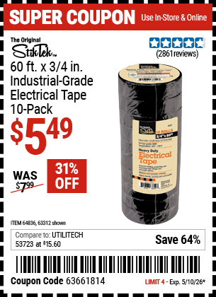 Harbor Freight STIKTEK 60 FT. X 3/4 IN. INDUSTRIAL-GRADE ELECTRICAL TAPE, 10-PACK coupon