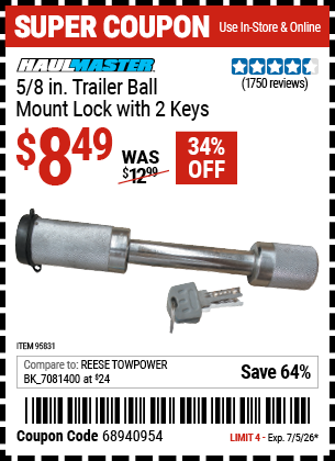 www.hfqpdb.com - HAUL-MASTER 5/8 IN. TRAILER BALL MOUNT LOCK WITH 2 KEYS Lot No. 95831