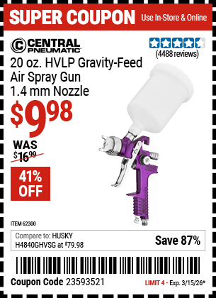www.hfqpdb.com - CENTRAL PNEUMATIC 20 OZ. HVLP GRAVITY-FEED AIR SPRAY GUN, 1.4 MM NOZZLE Lot No. 68843