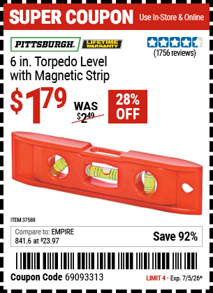 www.hfqpdb.com - PITTSBURGH 6 IN. TORPEDO LEVEL WITH MAGNETIC STRIP Lot No. 37588