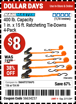 Harbor Freight HAUL-MASTER 400 LB. CAPACITY, 1 IN. X 15 FT. RATCHETING TIE-DOWNS, 4-PACK coupon