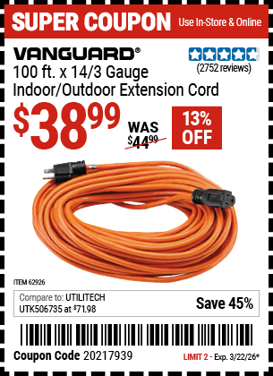 www.hfqpdb.com - VANGUARD 100 FT. X 14/3 GAUGE INDOOR/OUTDOOR EXTENSION CORD, ORANGE Lot No. 62926