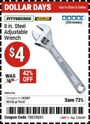 www.hfqpdb.com - PITTSBURGH 8 IN. STEEL ADJUSTABLE WRENCH Lot No. 67150