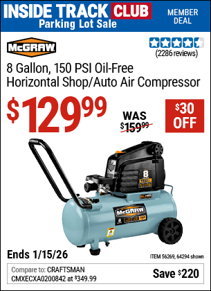 www.hfqpdb.com - MCGRAW 8 GALLON, 150 PSI OIL-FREE HORIZONTAL SHOP/AUTO AIR COMPRESSOR Lot No. 64294/56269