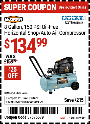 Harbor Freight MCGRAW 8 GALLON, 150 PSI OIL-FREE HORIZONTAL SHOP/AUTO AIR COMPRESSOR coupon