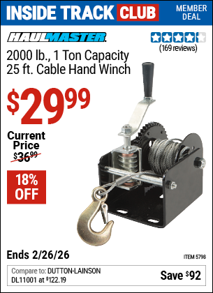 Harbor Freight HAUL-MASTER 2000 LB., 1 TON CAPACITY, 25 FT. CABLE HAND WINCH coupon