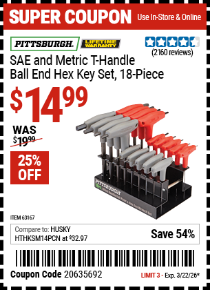 www.hfqpdb.com - PITTSBURGH SAE AND METRIC T-HANDLE BALL END HEX KEY SET, 18-PIECE Lot No. 63167