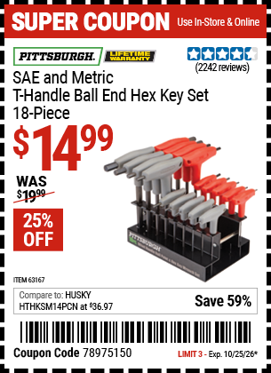 Harbor Freight PITTSBURGH SAE AND METRIC T-HANDLE BALL END HEX KEY SET, 18-PIECE coupon