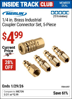 www.hfqpdb.com - MERLIN 1/4 IN. BRASS INDUSTRIAL COUPLER CONNECTOR SET, 5-PIECE Lot No. 63557