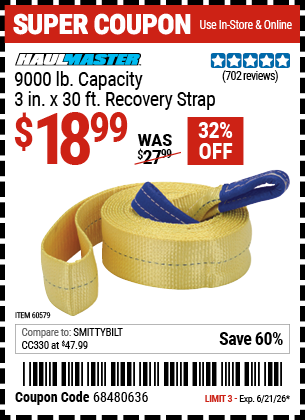 www.hfqpdb.com - HAUL-MASTER 9000 LB. CAPACITY, 3 IN. X 30 FT. RECOVERY STRAP Lot No. 60579