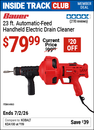 www.hfqpdb.com - BAUER 23 FT. AUTOMATIC-FEED HANDHELD ELECTRIC DRAIN CLEANER Lot No. 64063