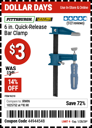 www.hfqpdb.com - PITTSBURGH 6 IN. QUICK-RELEASE BAR CLAMP Lot No. 96210