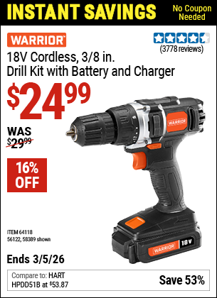 www.hfqpdb.com - WARRIOR 18V CORDLESS, 3/8 IN. DRILL KIT WITH BATTERY AND CHARGER Lot No. 58389/64118/56122