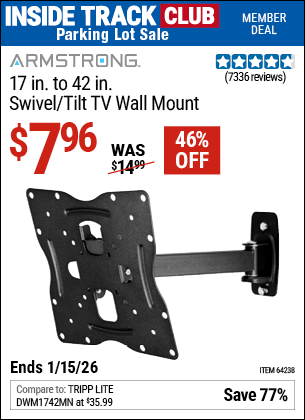 www.hfqpdb.com - ARMSTRONG 17 IN. TO 42 IN. SWIVEL/TILT TV WALL MOUNT Lot No. 64238